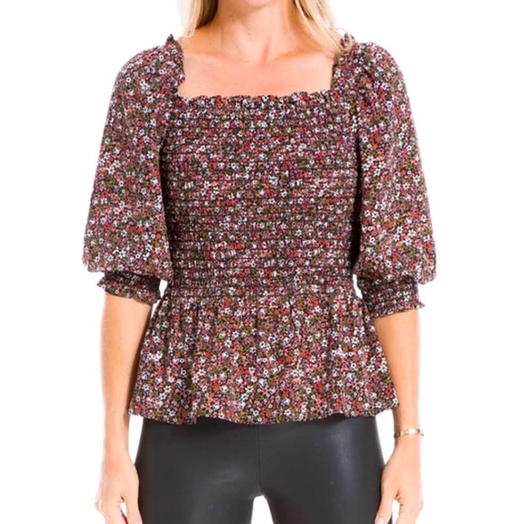 Max Studio Tops - MAX Studio Floral Smocked Puff Sleeve Peplum Blouse Top | Size M